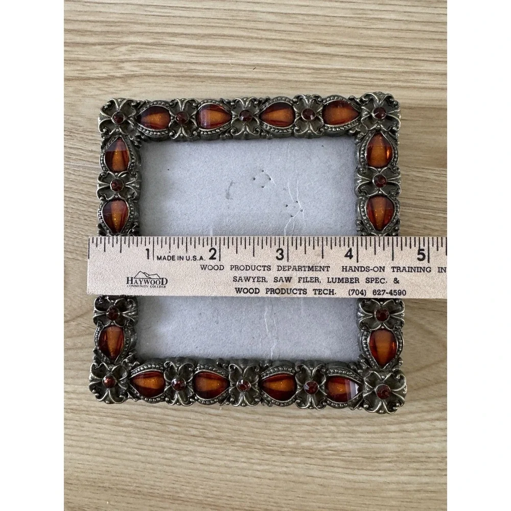 Vintage Jeweled Picture Frame 4x4 Amber Rhinestone Ornate Floral Metal